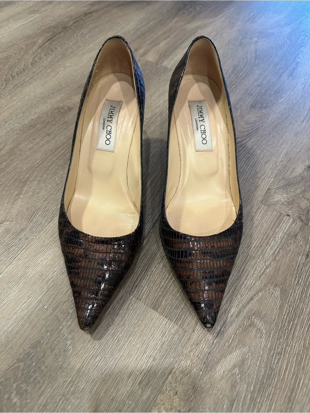 Jimmy Choo Dark Brown Textured Pointed Toe Pumps size 38